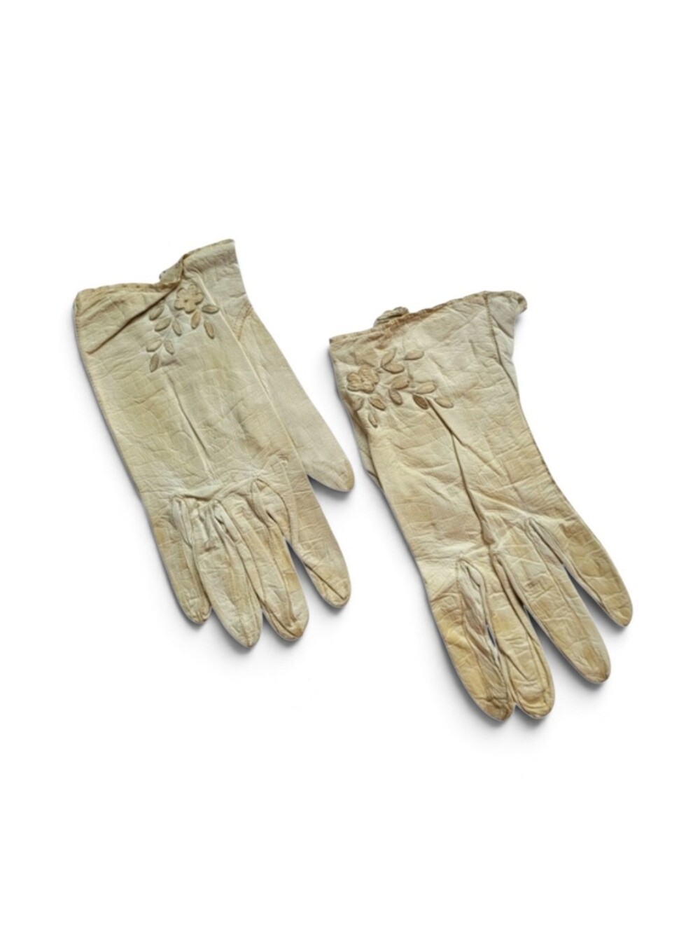 Vintage 40s Embroidered Kid Leather Gloves Cream Size 6